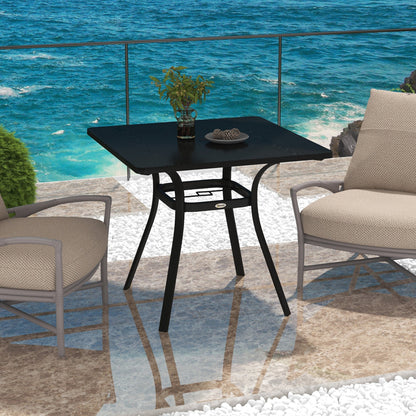 Outsunny Steel Frame Garden Table with Metal Tabletop, Foot Pads, Umbrella Hole, Modern Design, for Balcony, Porch, Black