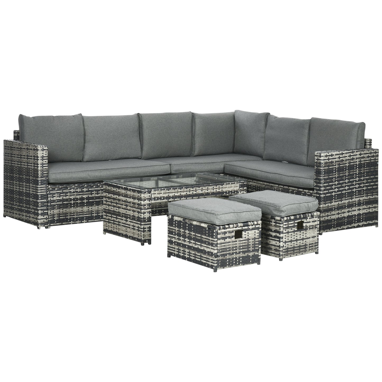 Outsunny 6 Piece Rattan Garden Furniture Set, 8-Seater Outdoor Sofa Sectional with 3 Cushioned Loveseat 2 Footstools Table Grey