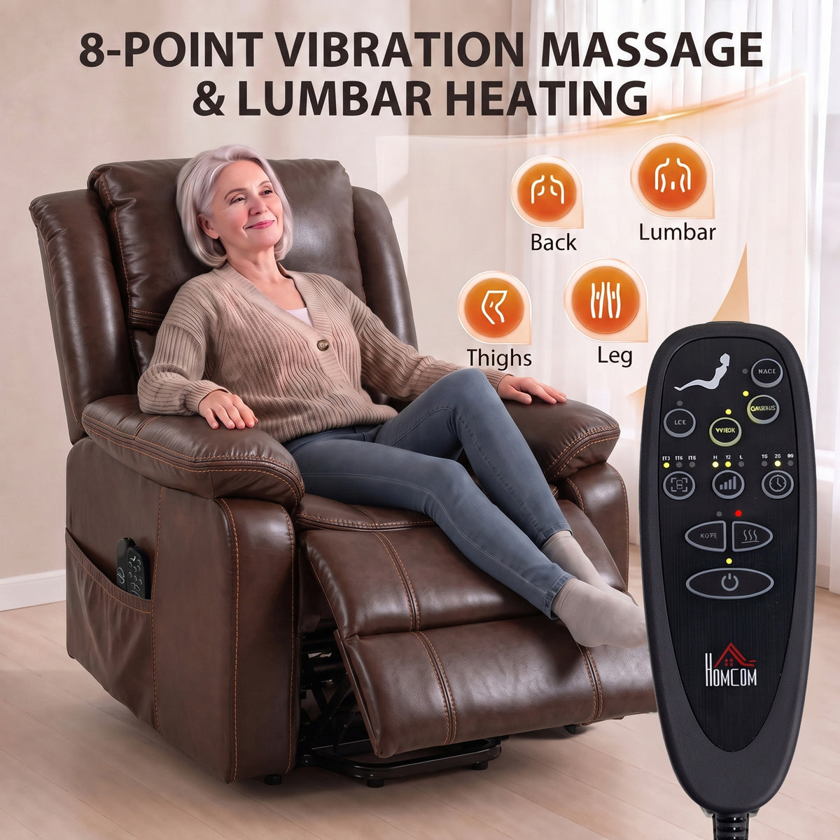 HOMCOM Riser Recliner Chair with Massage and Heat, PU Leather Power Electric Lift Armchair for Elderly, Brown