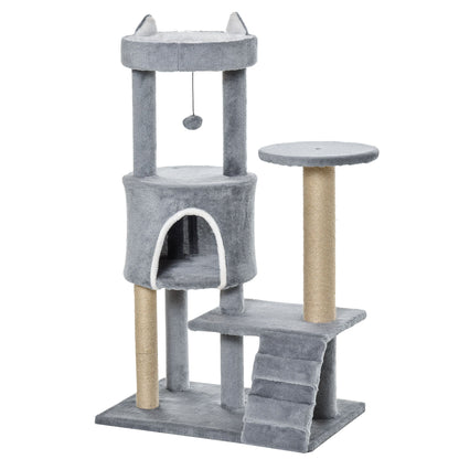 PawHut 100cm Cat Tree Tower Condo Multi Platform Kitty Cat Center مع سلم تسلق وخدش عمود لعبة معلق، رمادي فاتح