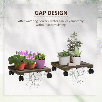 Outsunny 2 Pack Plant Caddy with Wheels, 30 cm Square Wooden Plant Pot Trolley, Pot Caddy for Outdoor Patios, Decks and Indoors, Dark Brown