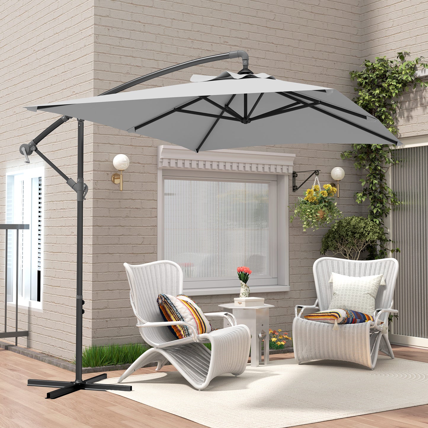 Outsunny 3(m) Parasol wysięgnikowy z podstawą poprzeczną - jasnoszary