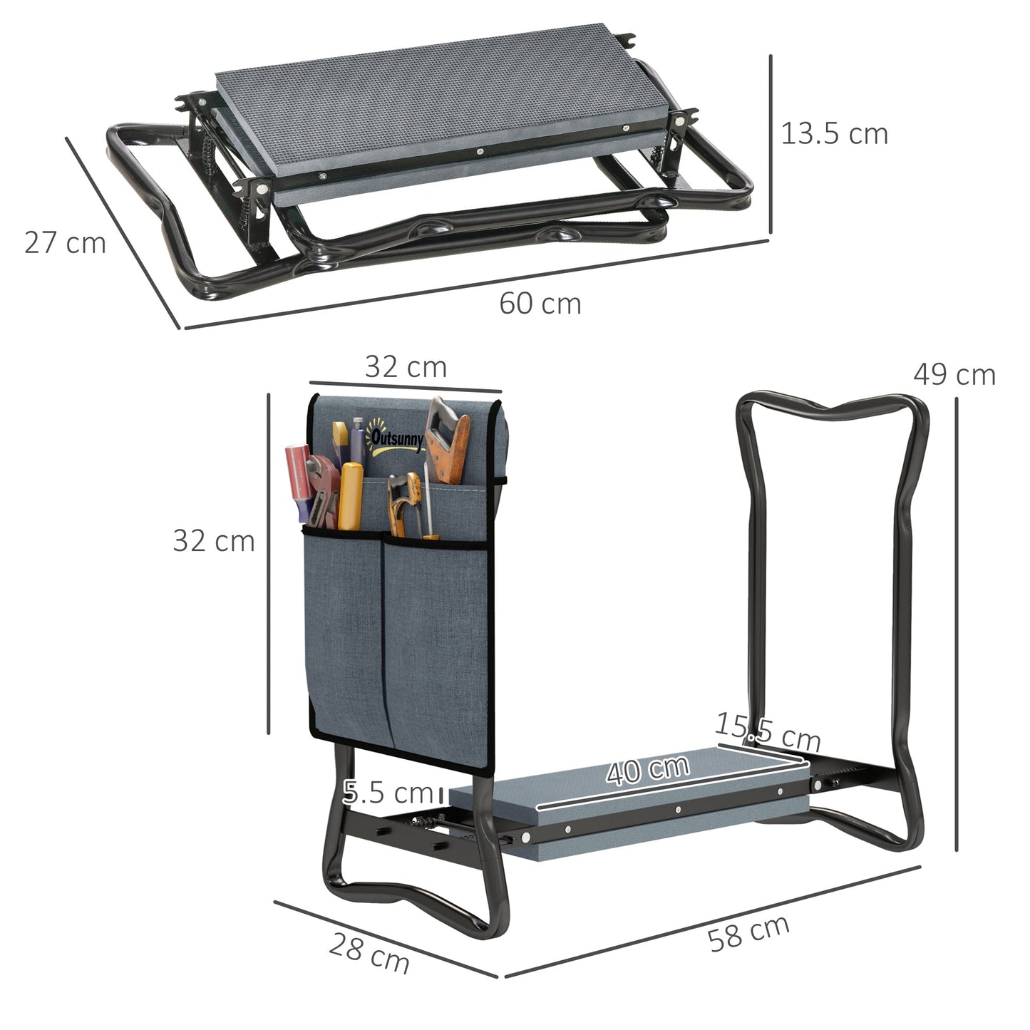 Outsunny Steel Frame Padded Garden Kneeler, with Tool Bag - Grey