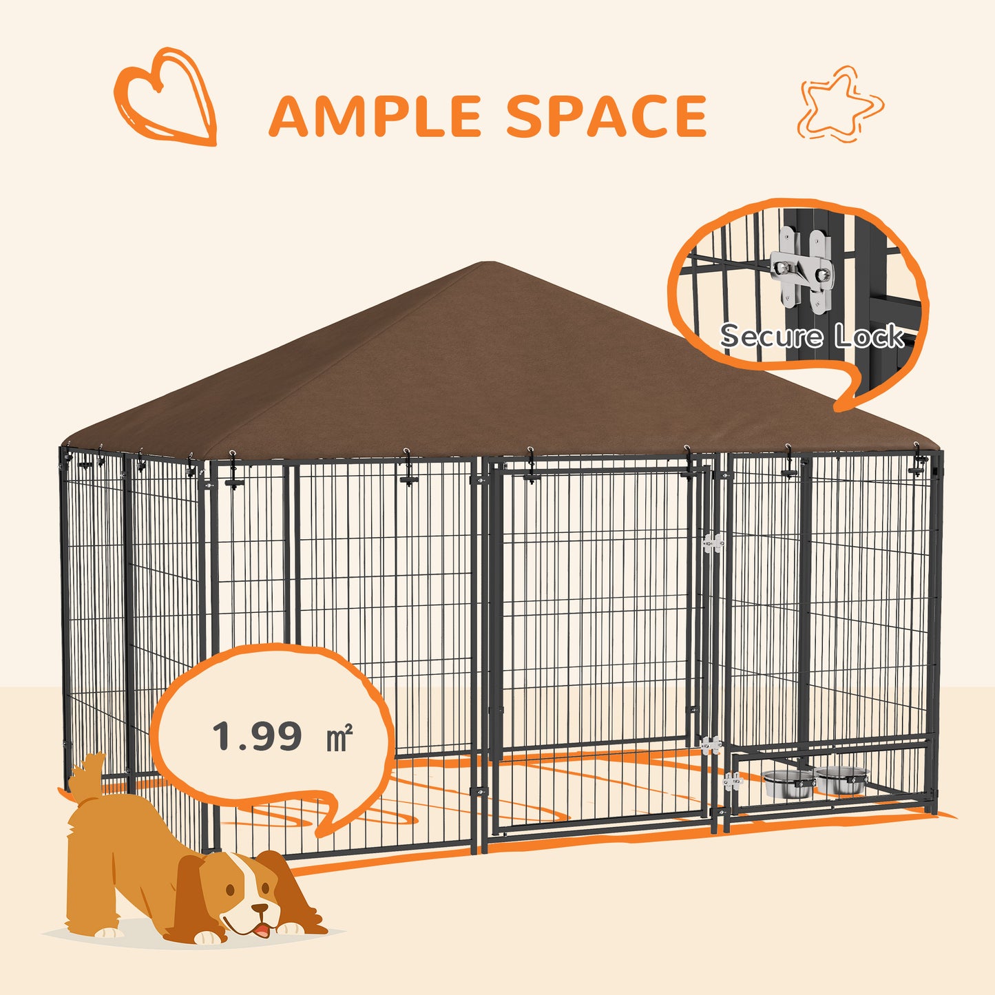 PawHut Outdoor Dog Kennel Puppy Play Pen z baldachimem Garden Playpen Fence Crate Enclosure Cage Rotating Bowl 211 x 141 x 151 cm