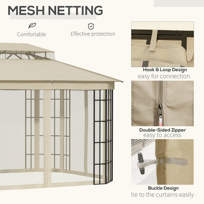 Outsunny 3.7 x 3(m) Patio Gazebo Canopy Garden Tent Shelter with 2 Tiers Roof and Mosquito Netting, Metal Frame, Beige