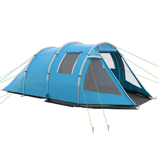 Outsunny 3-4 Man Tunnel Tent, Two Room Camping Tent with Windows and Covers, Portable Carry Bag, for Fishing, Hiking, Sports, Festival - Blue