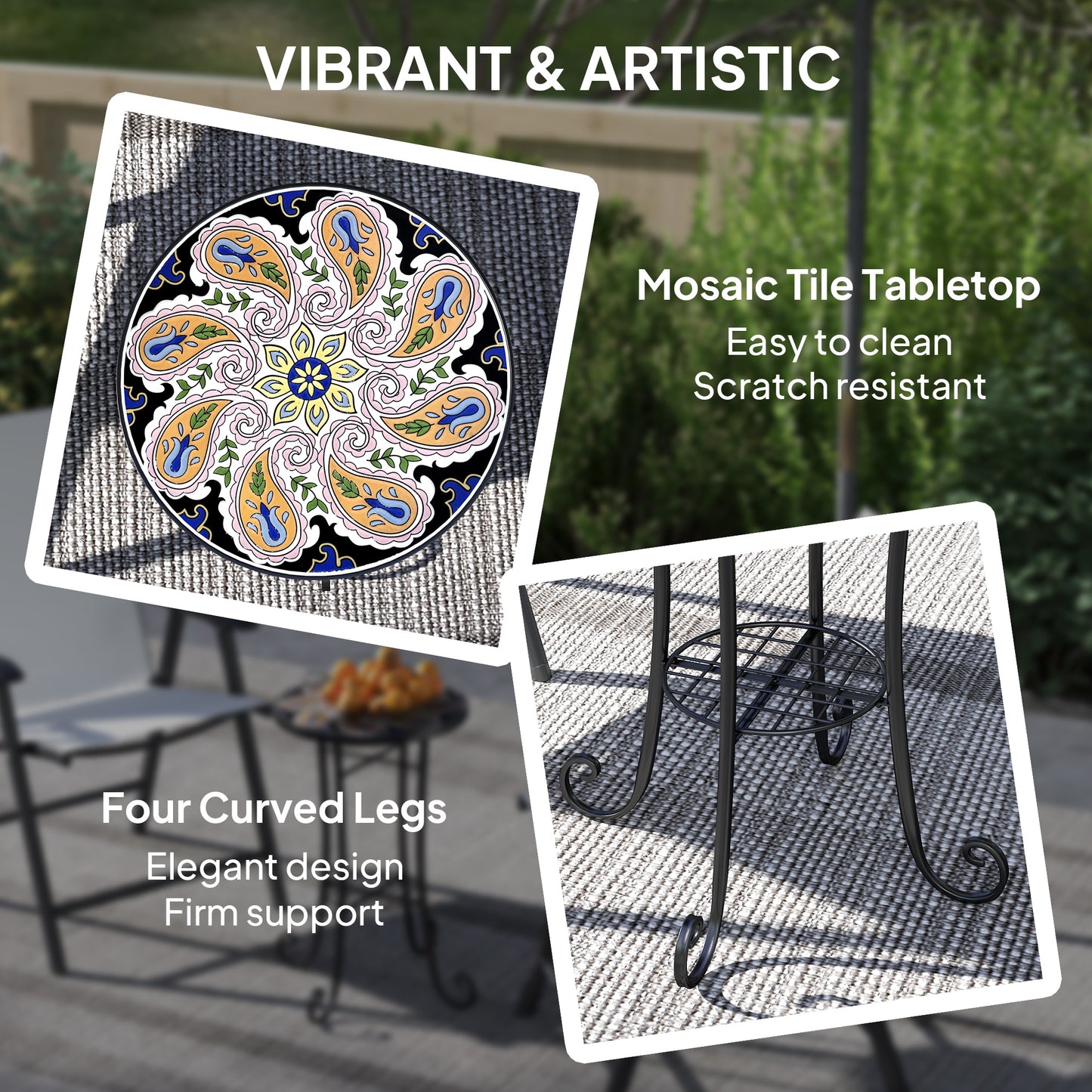 Stół ogrodowy Outsunny Mosaic, okrągły stół ogrodowy z półką, 35,5 cm, blat z płytek ceramicznych, mały stolik boczny, stolik bistro, stojak na rośliny do wnętrz, na patio, balkon, pomarańczowy