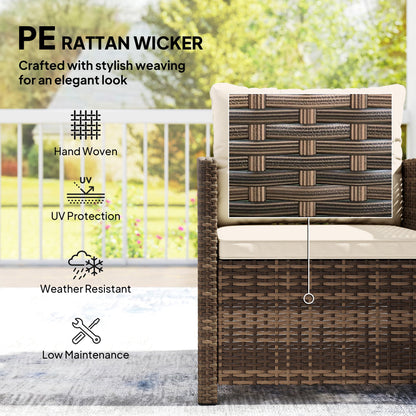 Outsunny Rattan Bistro Set, 3 Piece Garden Furniture Set with 2 Tier Glass Top Table and Cushions, Mixed Brown
