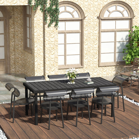 Outsunny aluminiowy stół ogrodowy do jadalni dla 8 osób, blat z imitacji drewna, do ogrodu, na patio, 190 x 90 x 74 cm, czarny