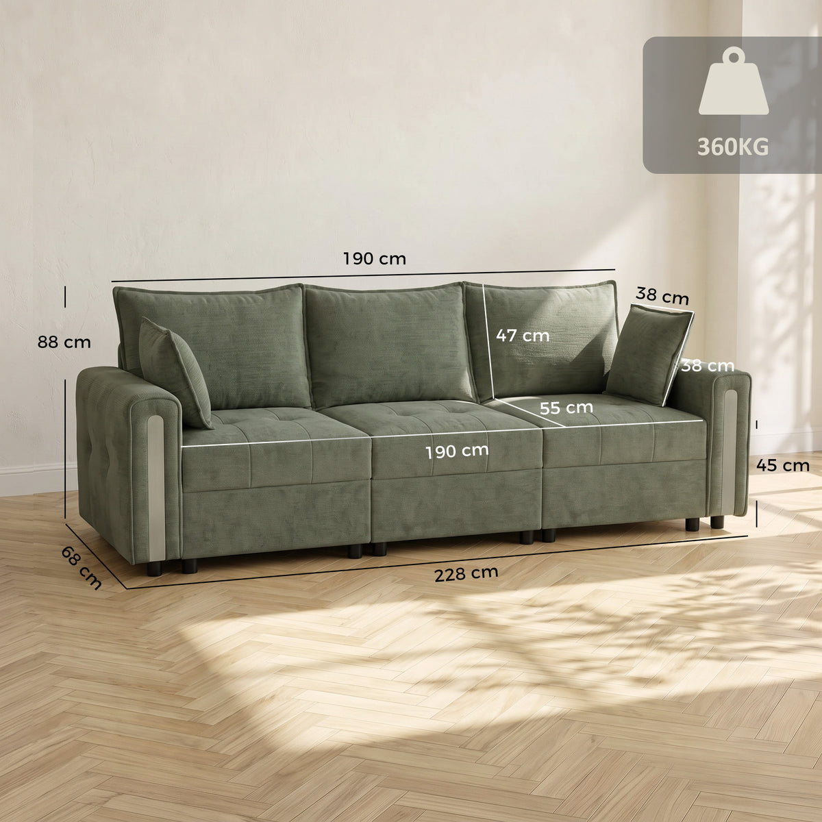 HOMCOM 3 Seater Sofa with Lift-Up Storage, 228cm Comfy Velvet Couch with Wide Deep Seat, Dark Green