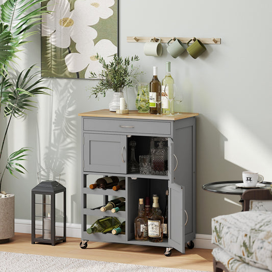 HOMCOM Modern Kitchen Trolley, Rolling Island Storage Cart with Drawer, 9-bottle Wine Rack, Door Cabinets, Wooden Countertop, Grey