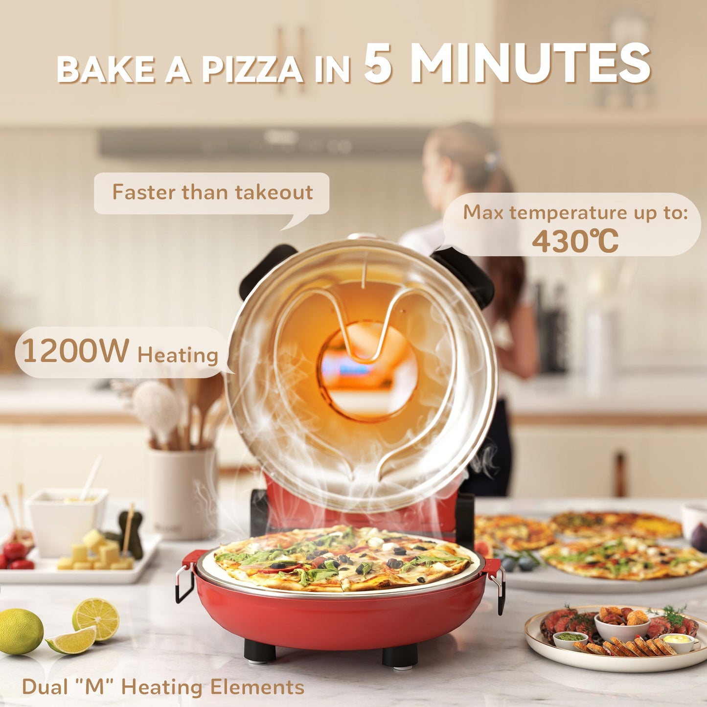 HOMCOM 1200W Pizza Oven, 12 Inch Electric Pizza Maker with Viewing Window, Dual Knob Temp & Timer Control, Overheat Protection, Red