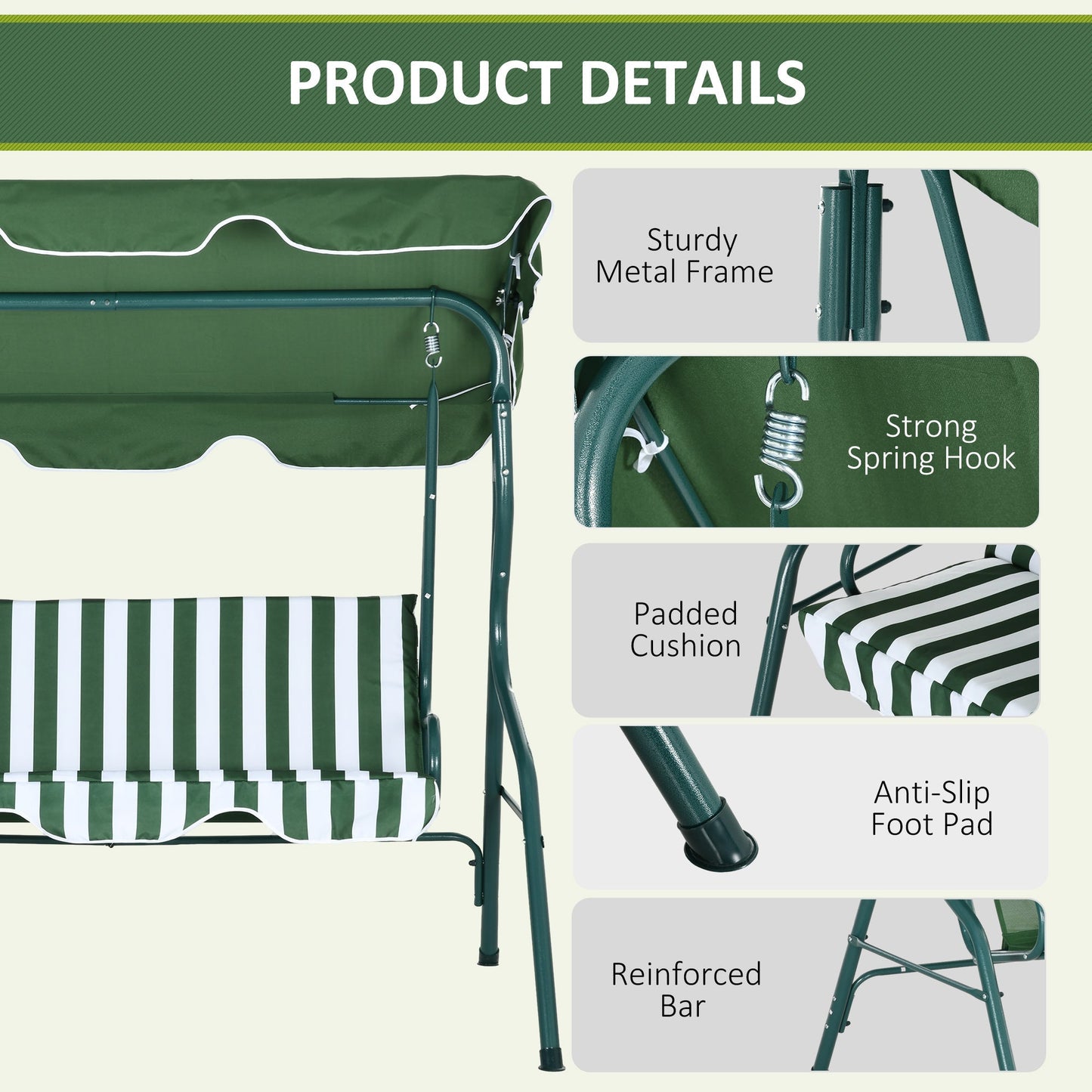 Outsunny 3 Seater Garden Swing Seat Chair Outdoor Bench with Adjustable Canopy and Metal Frame, Green Stripes