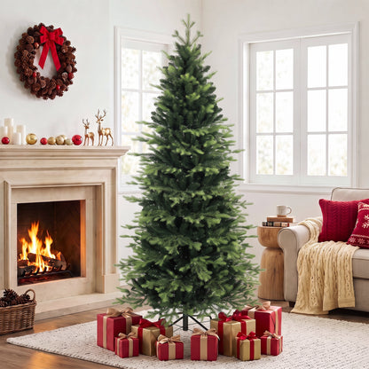 HOMCOM Geneva Fir Hinged Xmas Tree, 7ft/210cm Artificial Christmas Tree with 2079 Branch Tips, Foldable Steel Stand, Green