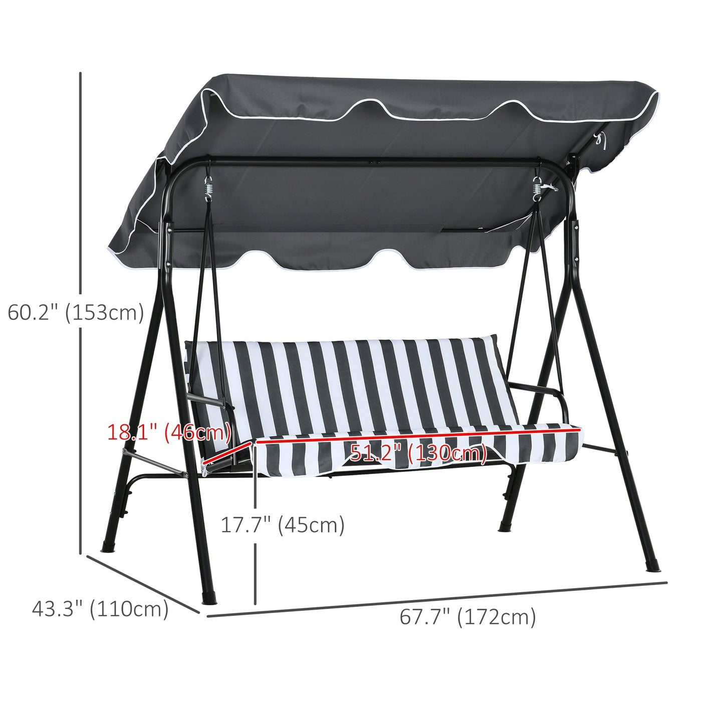 Outsunny 3 Seater Garden Swing Chair, Outdoor Swing Chair with Adjustable Canopy, Mental Frame & Cushions, Grey