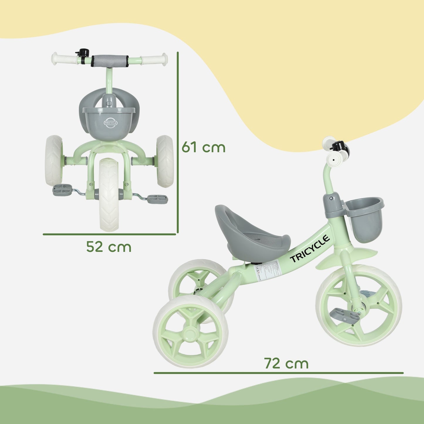 AIYAPLAY Kids Trike, Toddler Tricycle with Front Basket and EVA Wheels for Ages 2-5 Years, Indoor Outdoor for Boys Girls, Green