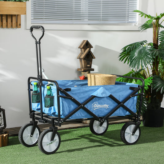 Outsunny 90L Festival Trolley on Wheels, Folding Camping Trolley Cart with Adjustable Handle, Portable for Outdoor, Garden, Shopping, Fishing, Blue