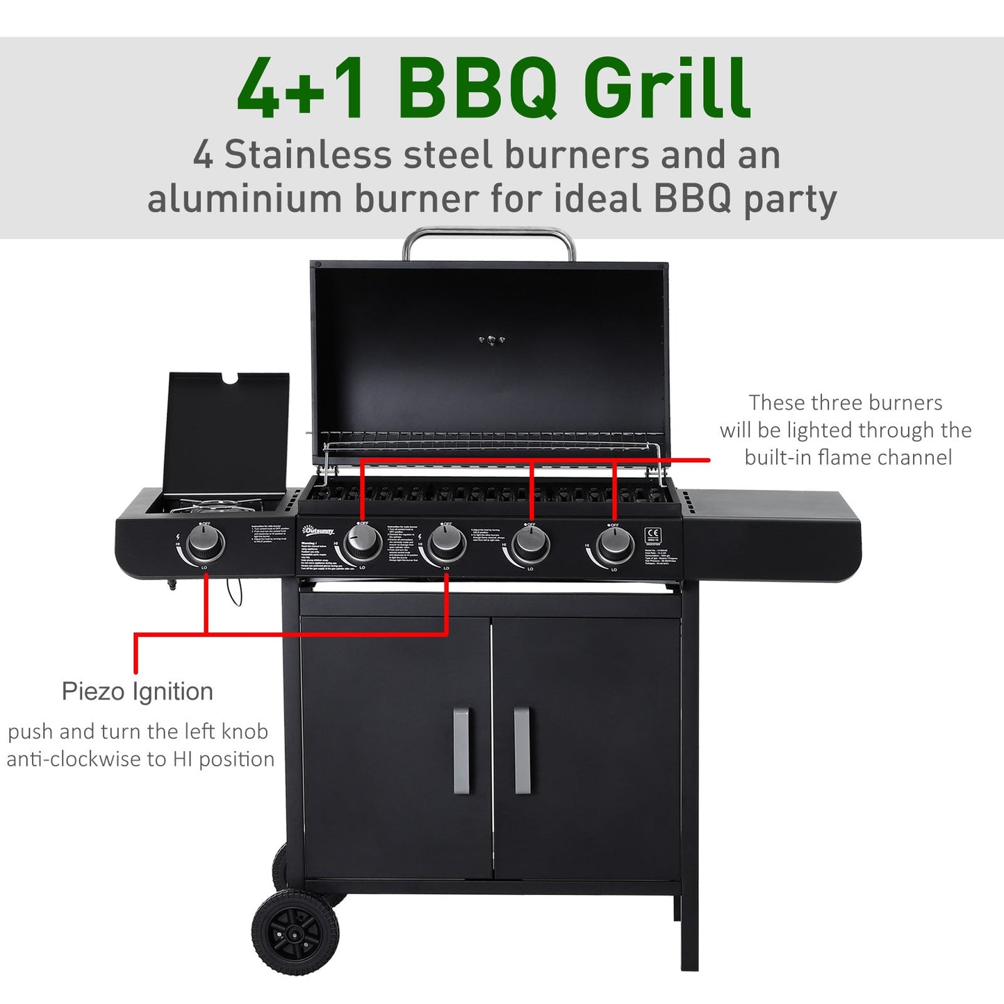 Outsunny 4+1 Gas Burner Grill BBQ Trolley Backyard Garden Smoker Side Burner Barbecue w/ Storage Side Table Wheels