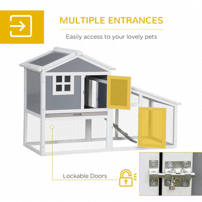 PawHut Wooden Rabbit Hutch, 2 Tier Guinea Pig Cage, Bunny Run, Small Animal House for Indoor Outdoor with Sunlight Panel Roof Slide-out Tray, 150 x 66 x 100cm, Grey