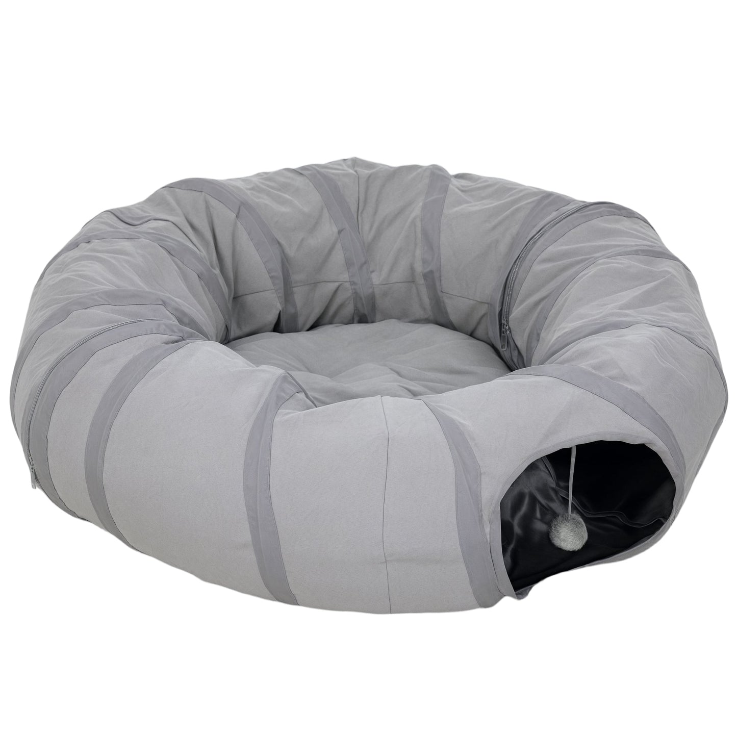 PawHut 2 in 1 Cat Tunnel with Bed, Cat Play Tunnel with Ball & Peek Hole for Indoor Cats, Grey