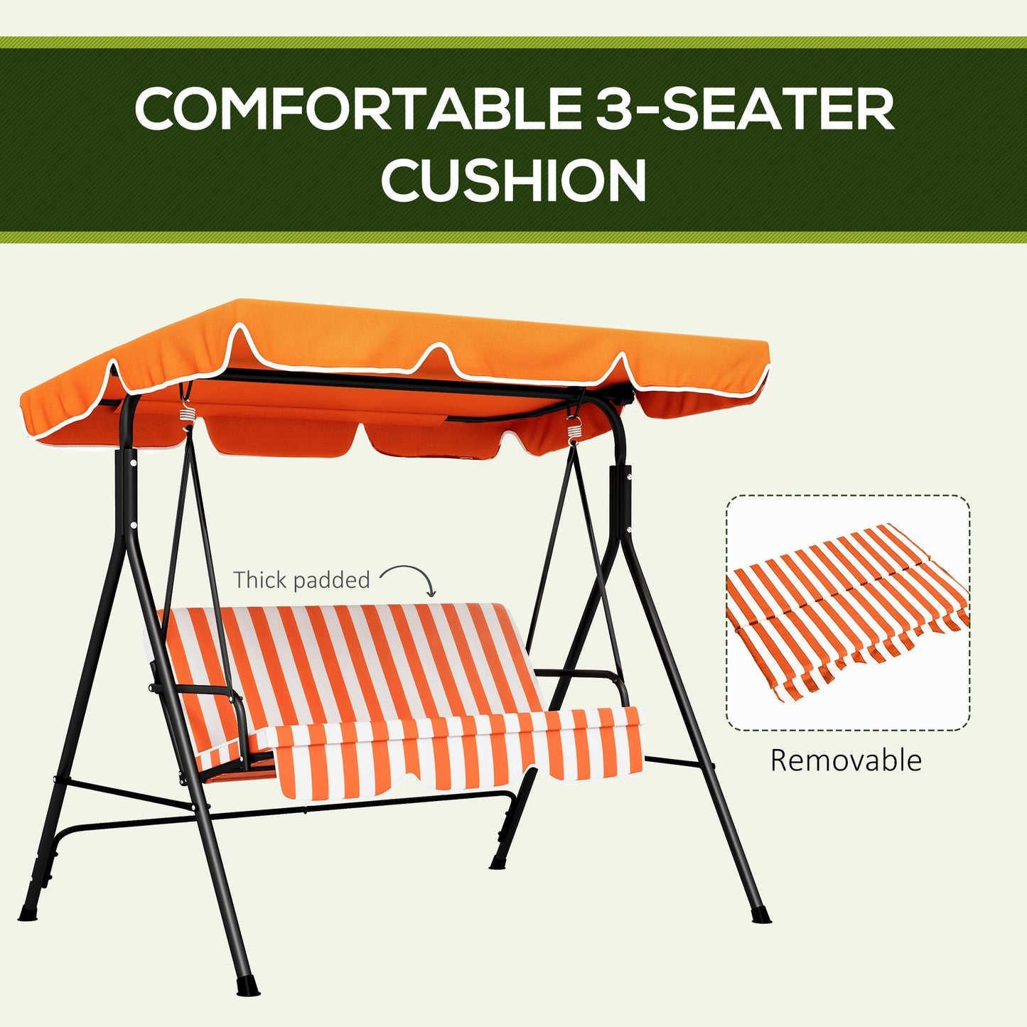 Outsunny 3 Seater Canopy Swing Chair Garden Rocking Bench Heavy Duty Patio Metal Seat w/ Top Roof - Orange