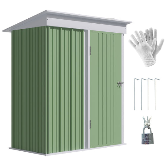 Outsunny 5'x3'x6' Metal Garden Shed Roofed Lean-to Shed for Tool Motor Bike, with Adjustable Shelf, Lock, Gloves, Green