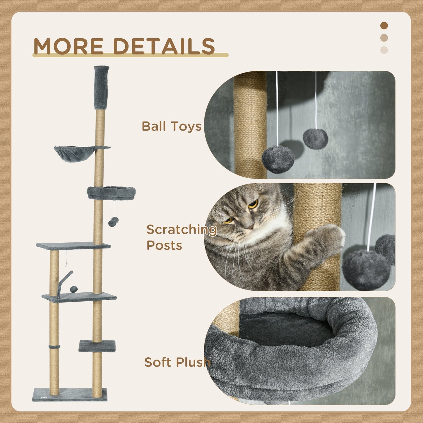 PawHut Floor to Ceiling Cat Tree, 6-Tier Play Tower Climbing Activity Center w/ Scratching Post, Hammock, Adjustable Height 230-250cm, Grey