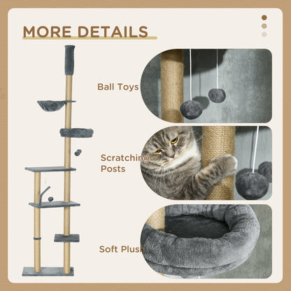 PawHut Floor to Ceiling Cat Tree, 6-Tier Play Tower Climbing Activity Center w/ Scratching Post, Hammock, Adjustable Height 230-250cm, Grey