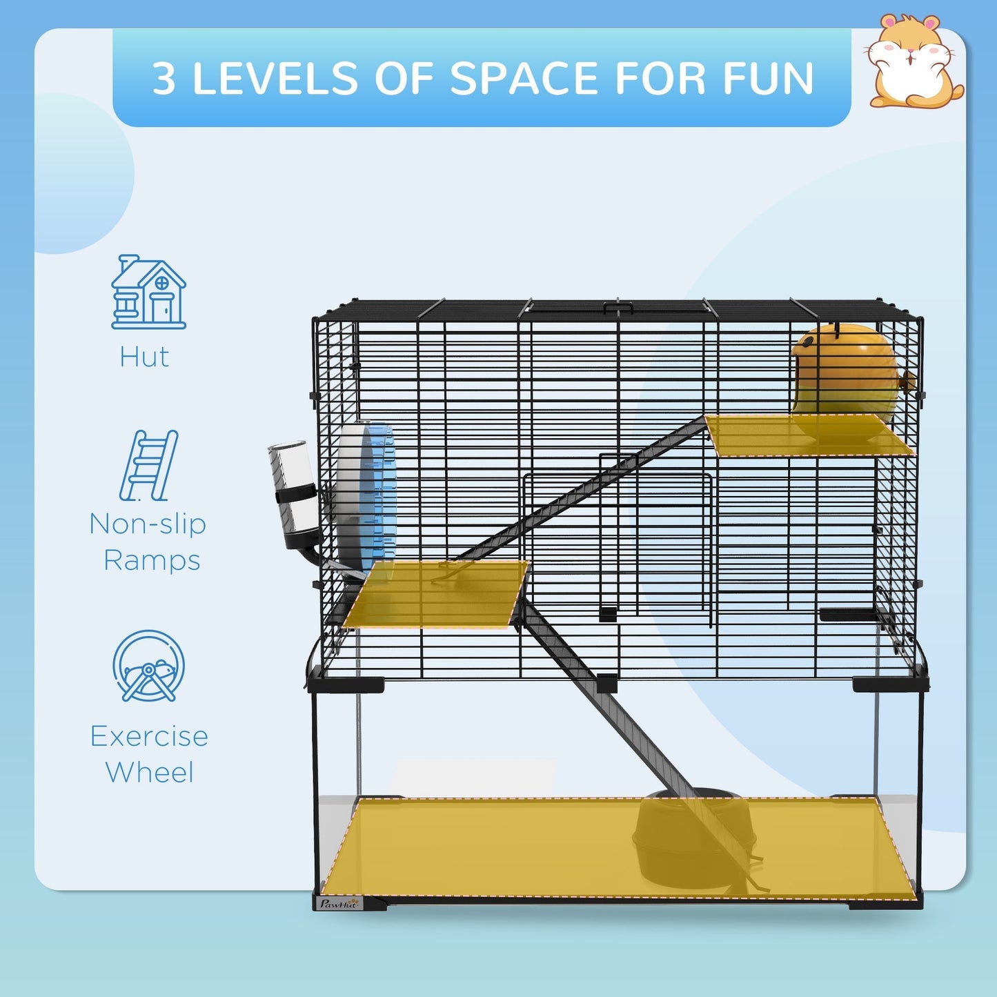 PawHut 3 Tiers Hamster Cage, Gerbil Cage with Deep Glass Bottom, Non-Slip Ramps, Platforms, Hut, Exercise Wheels, Water Bottle, Dish, for Syrian Hamster, Dwarf Hamster, 60 x 40 x 54.5cm