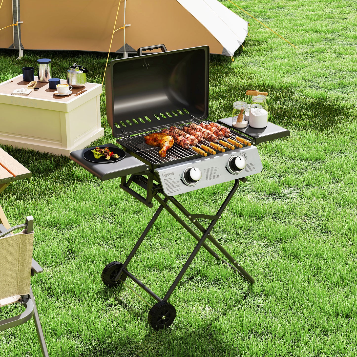 Outsunny Dwupalnikowy przenośny grill walizkowy - czarny