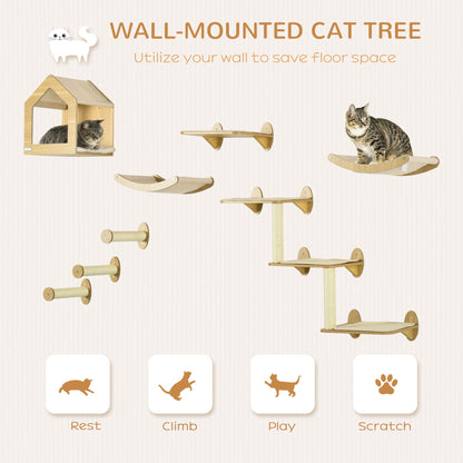 PawHut 8 Piece Cat Shelves Set, Cat Wall Furniture with Condo, 3 Perches, 3 Scratching Posts, Steps, Wall Mounted Cat Tree for Indoor Cats, Beige