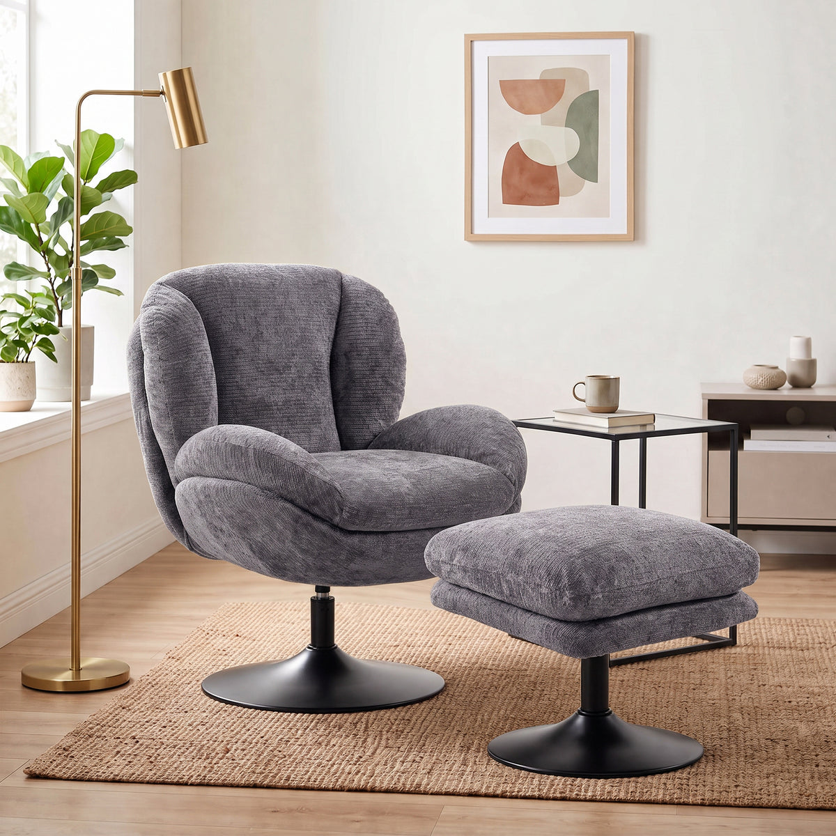 HOMCOM Modern Chenille Lazy Chair with Ottoman, 360° Swivel, Upholstered Reading Seat Set for Living Room, Dark Grey