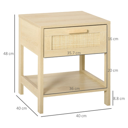 HOMCOM Bedside Table Set of 2 with Rattan Drawer, Rustic Side Tables with Storage Shelf for Bedroom, Living Room, Natural