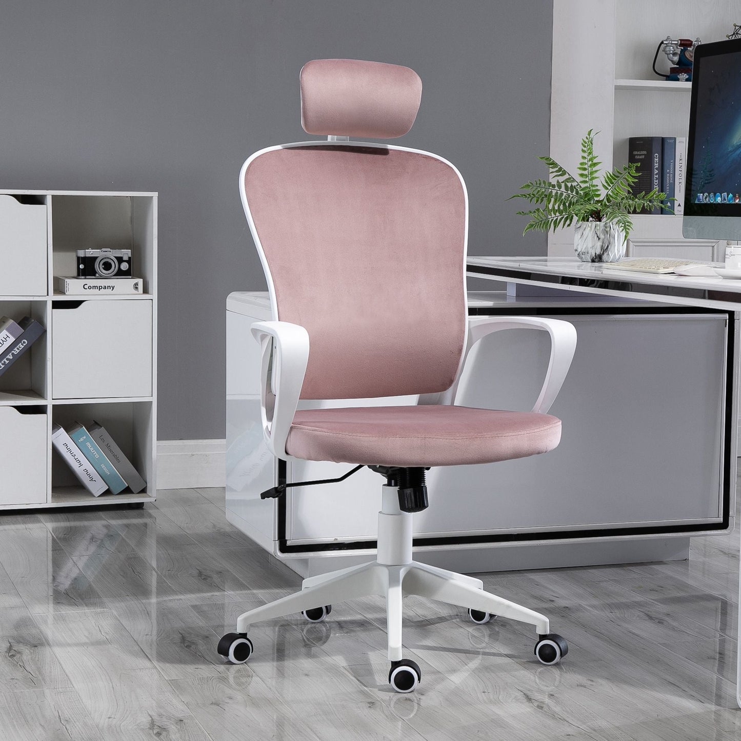 Vinsetto High-Back Office Chair Velvet Style Fabric Computer Home Rocking with Wheels, Rotatable Liftable Headrest, Pink