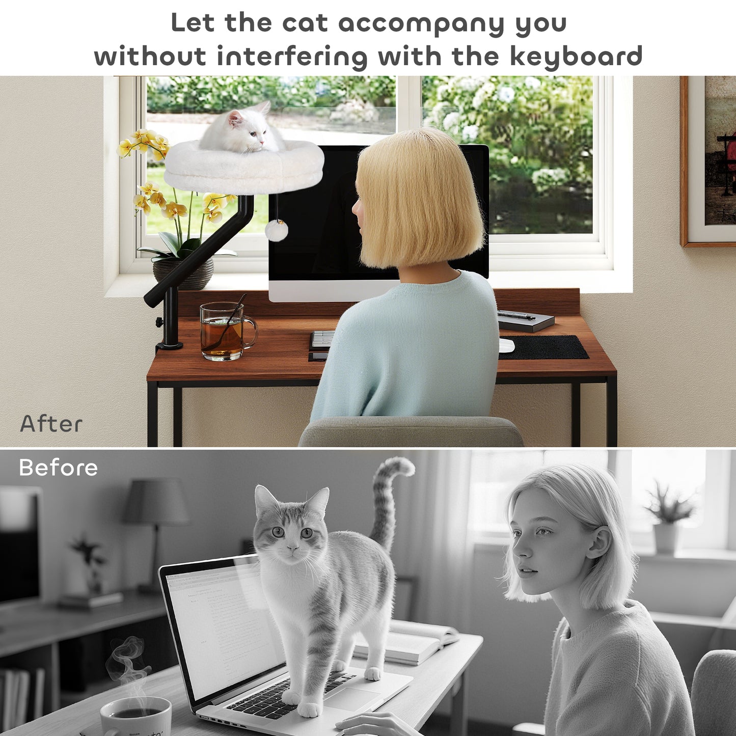 PawHut Cat Desk Bed, Cat Hammock 360Â° Rotatable Adjustable for Window, Table, Work, Cream White
