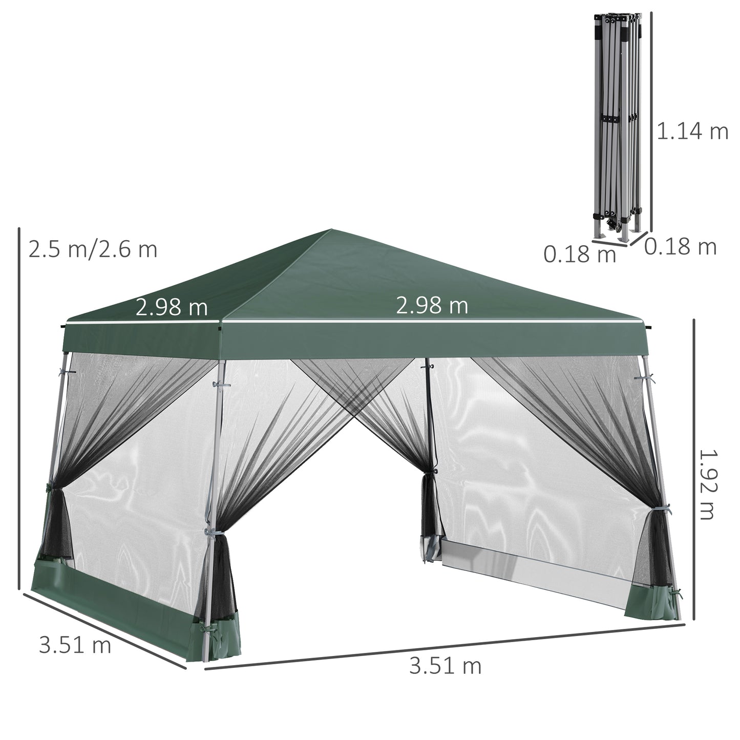 Namiot ogrodowy Outsunny Outdoor z baldachimem, składany, z regulowaną wysokością, siatką, ścianami bocznymi, 3,5 m, podstawa 3,5 m / góra 3 m, kolor zielony