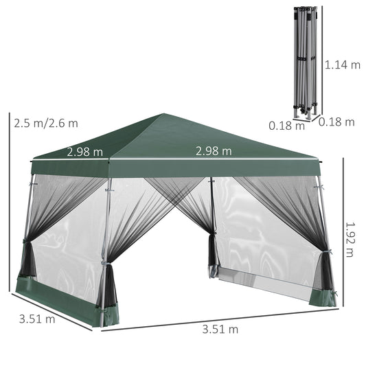 Namiot ogrodowy Outsunny Outdoor z baldachimem, składany, z regulowaną wysokością, siatką, ścianami bocznymi, 3,5 m, podstawa 3,5 m / góra 3 m, kolor zielony