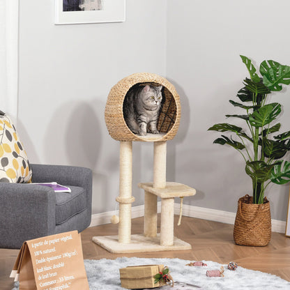 PawHut Cat Tree for Indoor Cats 100cm Kitten Climbing Tower Activity Center with Sisal Scratching Post Condo Perch Hanging Balls Teasing Rope Toy Cushion