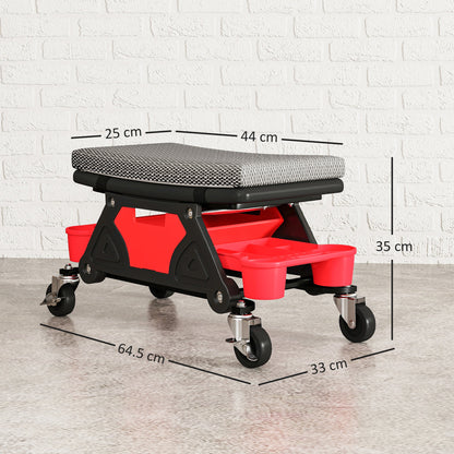 Homcom, stołek warsztatowy na kółkach, udźwig 135 kg, obrotowy, 360°, wyściełany, z kółkami, wysuwanymi tackami na narzędzia i szufladą, do garażu, warsztatu lub warsztatu samochodowego, czarny