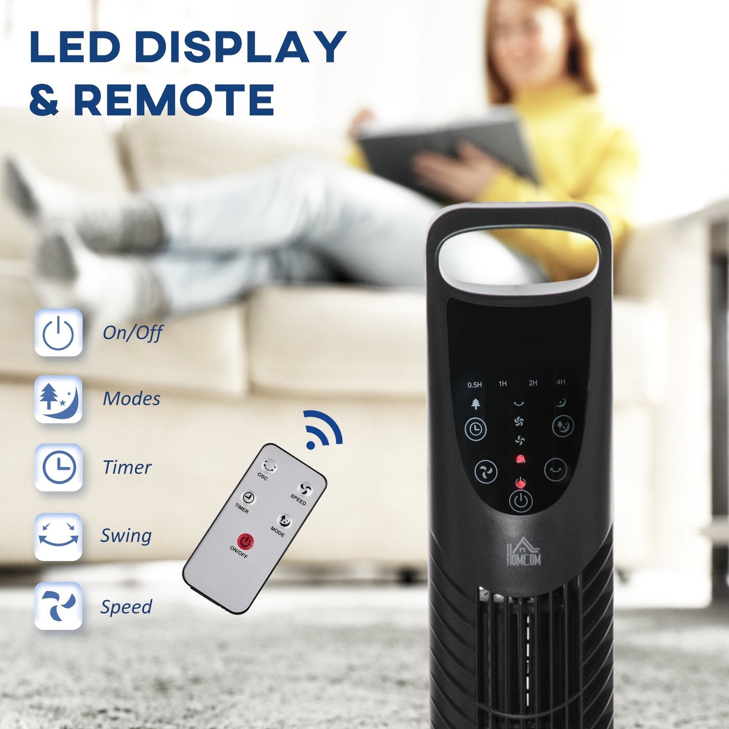 36'' Freestanding Tower Fan, 3 Speed 3 Mode, 7.5h Timer, 70 Degree Oscillation, LED Panel, 5M Remote Controller, Black