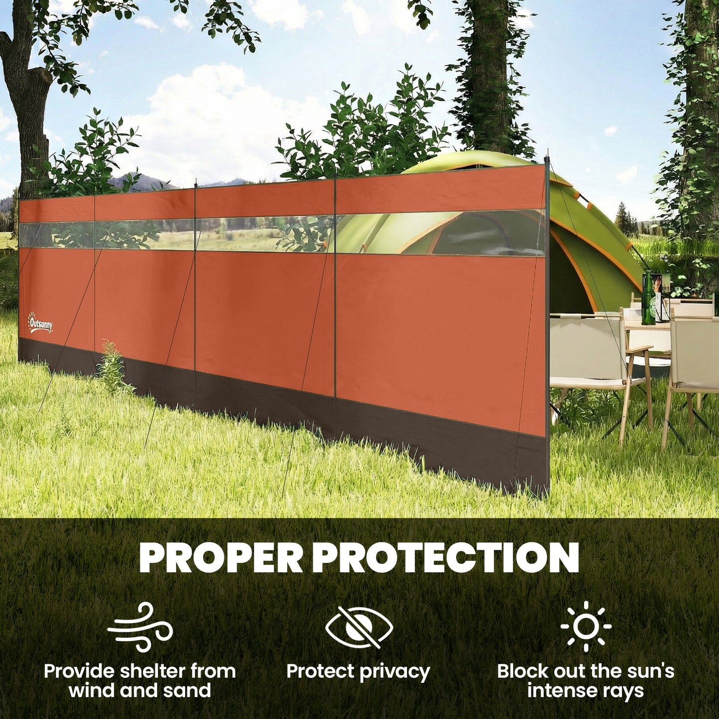 Outsunny Camping Windbreaker with Clear Windows and Steel Poles, for Beach Caravan Campervan, 725 x 140cm, Orange