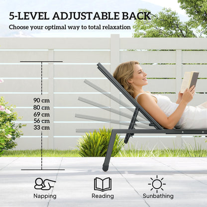 Outsunny Sun Loungers Set of 2 with Side Tray Table, Garden Recliners with 5-Position Adjustable Backrest, 2 Wheels, Khaki