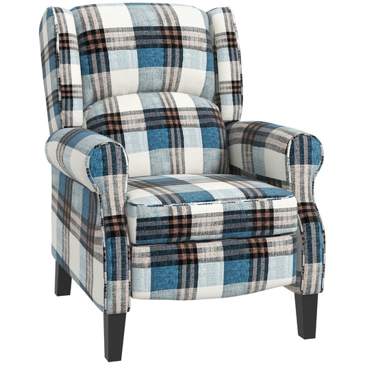 HOMCOM Wingback كرسي الاستلقاء كرسي دفع للخلف كرسي بذراعين لغرفة المعيشة وغرفة النوم مع مسند للقدمين ومساند للذراعين وأرجل خشبية باللون الأزرق