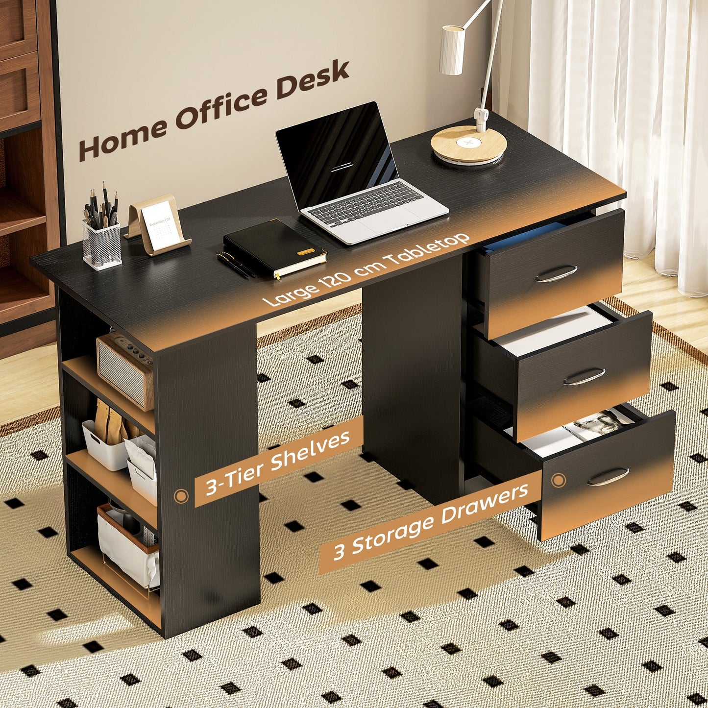 HOMCOM Computer Desk with Drawers, Home Office Desk, Writing Table, PC Workstation with 3 Storage Shelves for Working, Study, 120 x 49 x 72 cm, Black