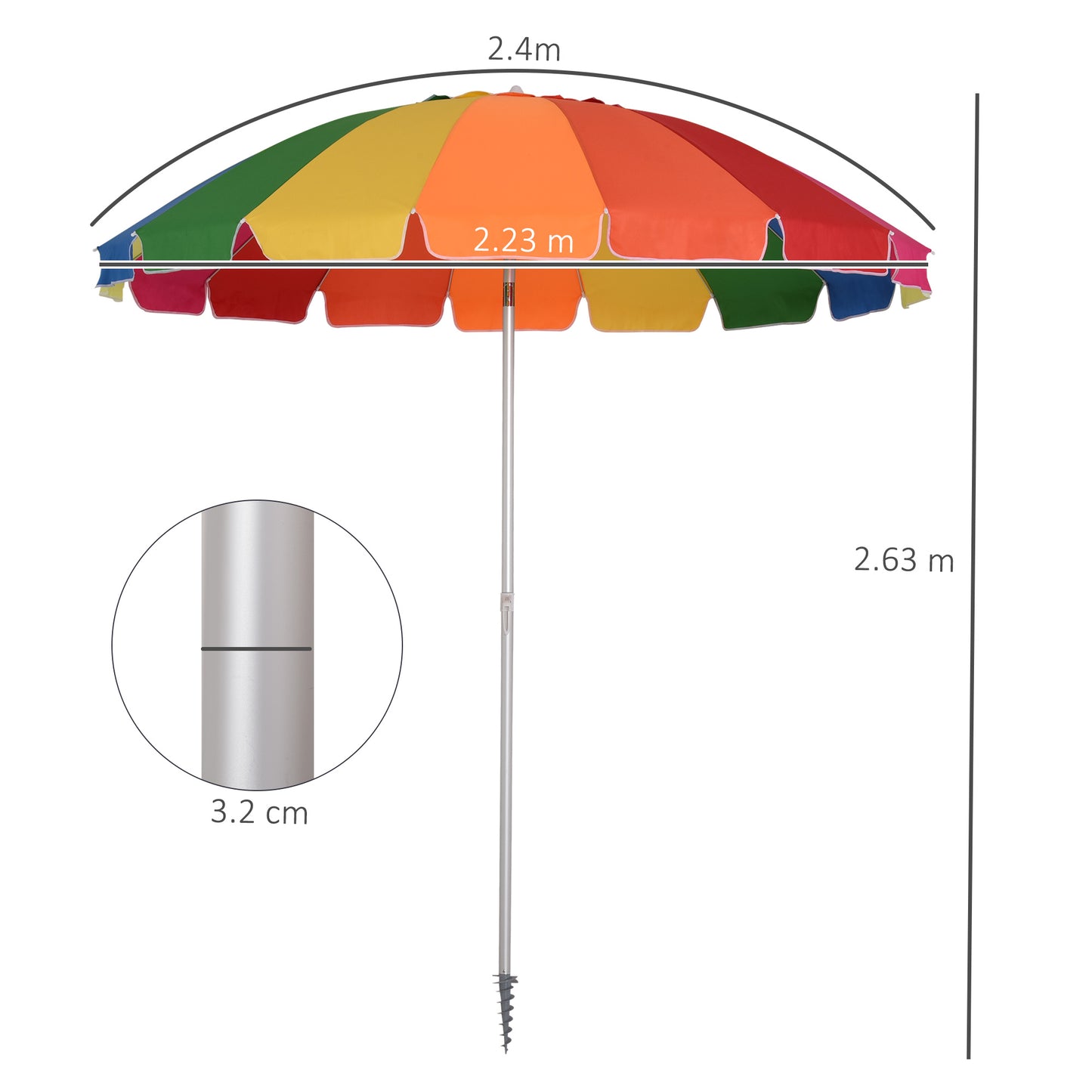 Outsunny Arc. 2,4 m Parasol plażowy z kotwicą piaskową, zewnętrzny parasol przeciwsłoneczny z ochroną UV, regulowany kąt nachylenia, torba transportowa, wielokolorowy