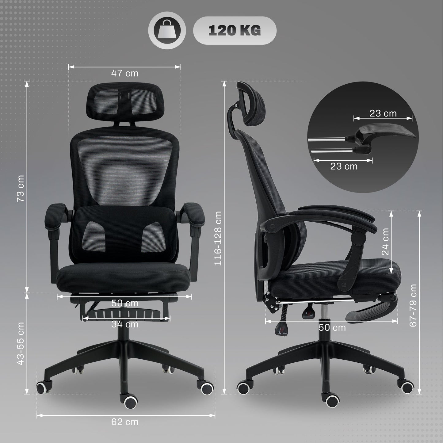 HOMCOM Ergonomiczny fotel biurowy, siatkowe krzesło biurowe z wysokim oparciem, regulowanym podparciem lędźwiowym i zagłówkiem, podnóżkiem, odchylany fotel komputerowy dla kadry kierowniczej do nauki w domu, czarny