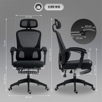 HOMCOM Ergonomiczny fotel biurowy, siatkowe krzesło biurowe z wysokim oparciem, regulowanym podparciem lędźwiowym i zagłówkiem, podnóżkiem, odchylany fotel komputerowy dla kadry kierowniczej do nauki w domu, czarny