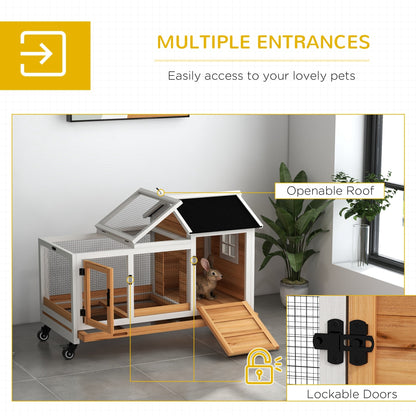 PawHut Wooden Rabbit Hutch, Guinea Pig Cage, with Removable Tray, Wheels - Yellow