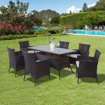 Outsunny 7 Pieces Outdoor PE Rattan Garden Dining Set, Patio Conversation Furniture Set with 6 Cushioned Armchairs and Rectangular Glass Top Table, Brown