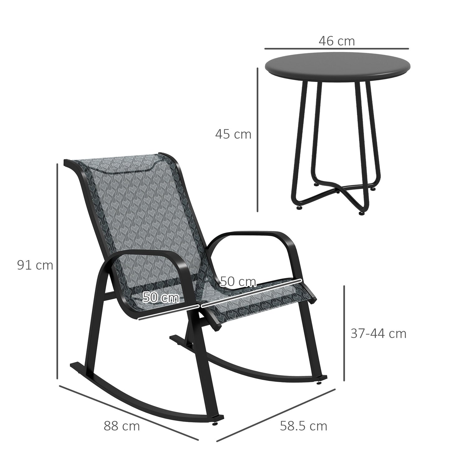 3 Piece Outdoor Rocking Set With 2 Armchairs, Metal Top Coffee Table, Patio Bistro Set With Curved Armrests, Breathable Mesh Fabric Seat - Mixed Grey